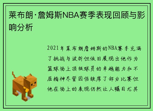 莱布朗·詹姆斯NBA赛季表现回顾与影响分析