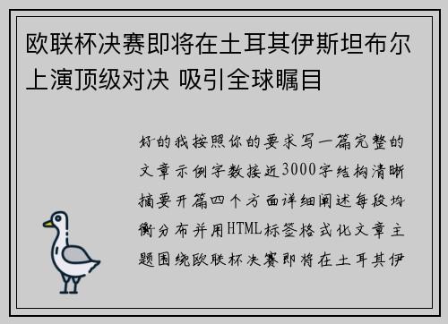 欧联杯决赛即将在土耳其伊斯坦布尔上演顶级对决 吸引全球瞩目
