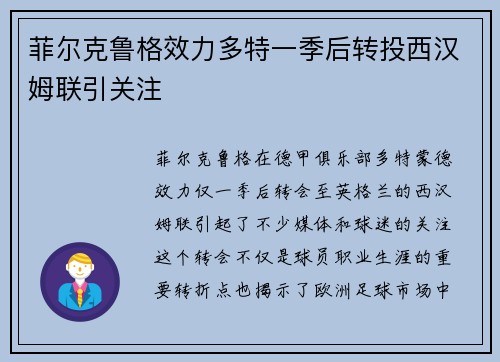 菲尔克鲁格效力多特一季后转投西汉姆联引关注